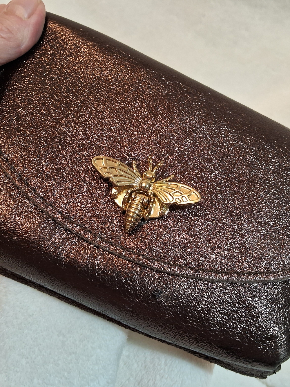 Metallic Brown Crossbody Clutch with Gold Bee Emblem